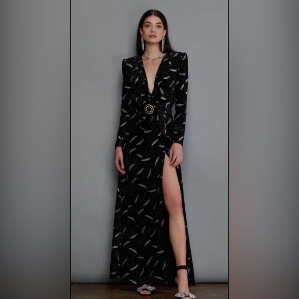Bronx and Banco Black Sparkle Plunging V-Neck Gown with Silver Accents